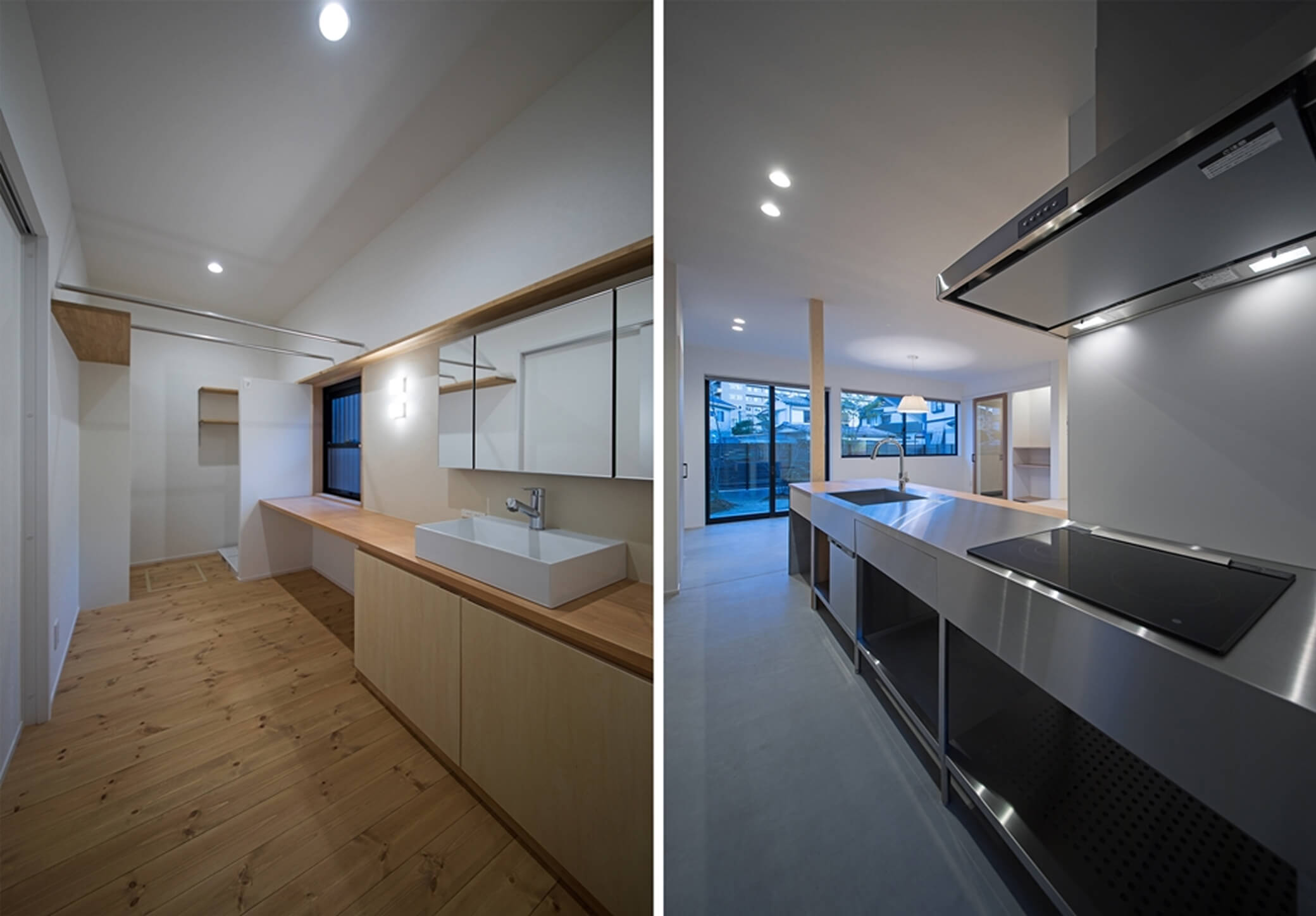 室内干しができる家事室と、土間の上に据えられたステンレス製のキッチン。