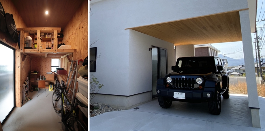 DIYの作業場にもなるガレージと、土間収納。