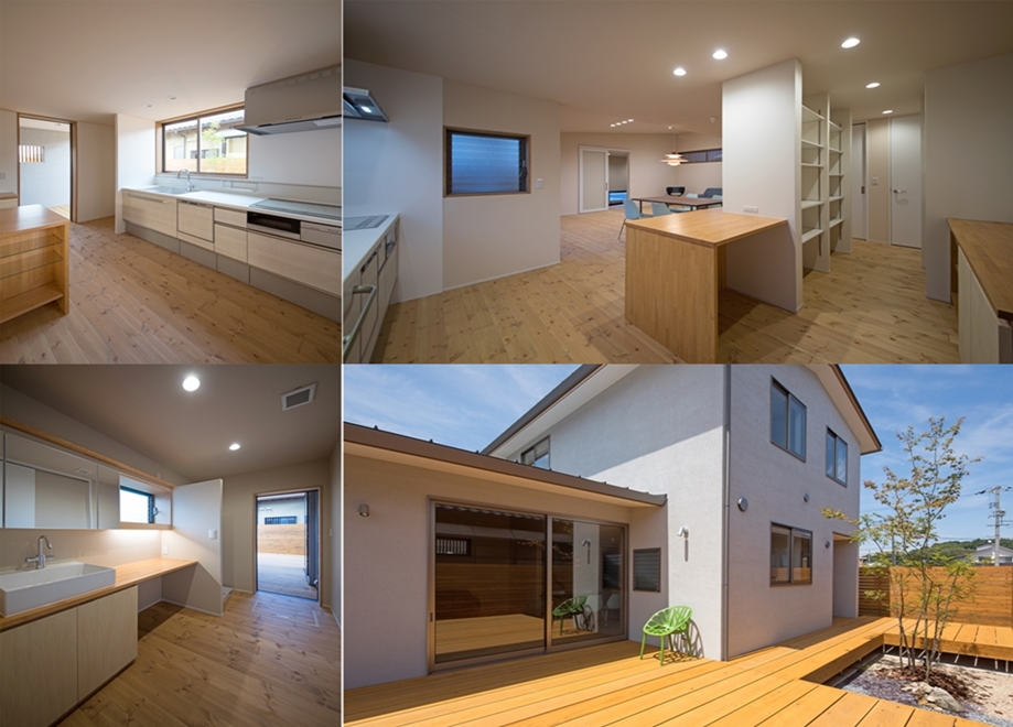 キッチン～食料庫～洗濯場～物干し場～LDKを外部のデッキが結び付ける回遊動線。