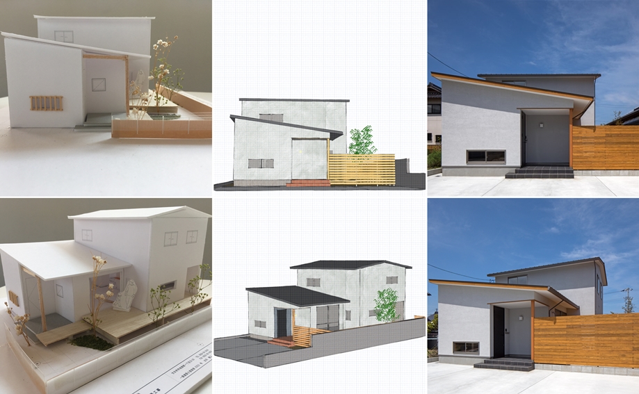 左から、初期段階の白模型 / 色あい等の雰囲気を伝えるパース / 完成建物。