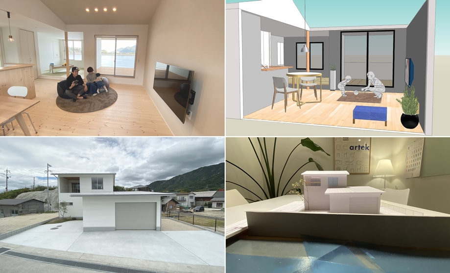 当初のプレゼンテーションに用いた模型/パース図 と実際の完成写真との比較。