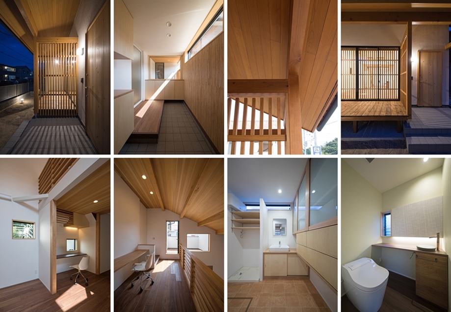 水廻りや、書斎等、いたるところに造作家具を配置し、既製品の家具を置かなくても間に合うすっきりとした空間に。